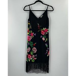 ASOS Floral Embroidered Black Slip Midi Cami Dress with Fringing size 0